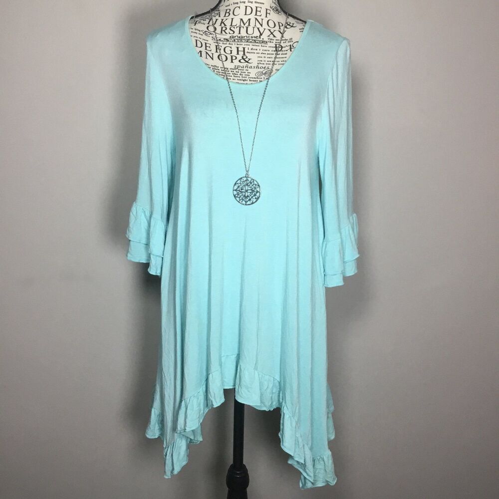 Minty green ruffle tunic dress stretchy comfortable casual summer beach aqua S